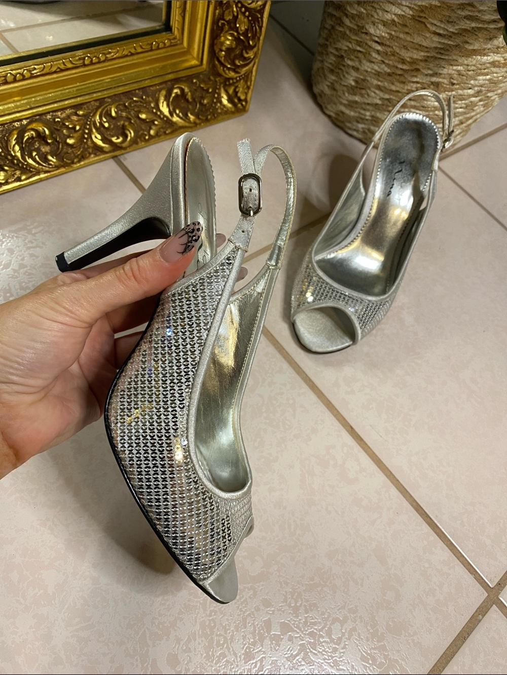Touch of Nina Silver Rhinestone Slingback Peep-Toe Heels